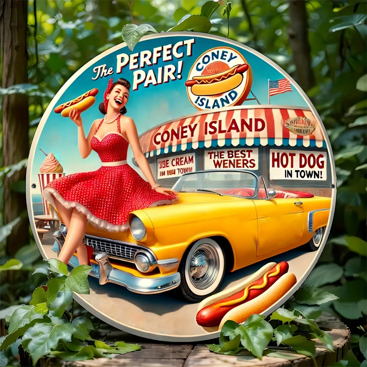 Retro Coney Island Hot Dog Poster - Perfect Match! - Wooden Sign - Beach, Bar or Home Decor - Mini Artwork - Wood Material