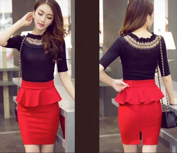 

Spring and Autumn Skirt Office Women's Ruffle Edge Skirt Women's Sexy Mini Pencil Paired with Split Red and Black Skirt P295