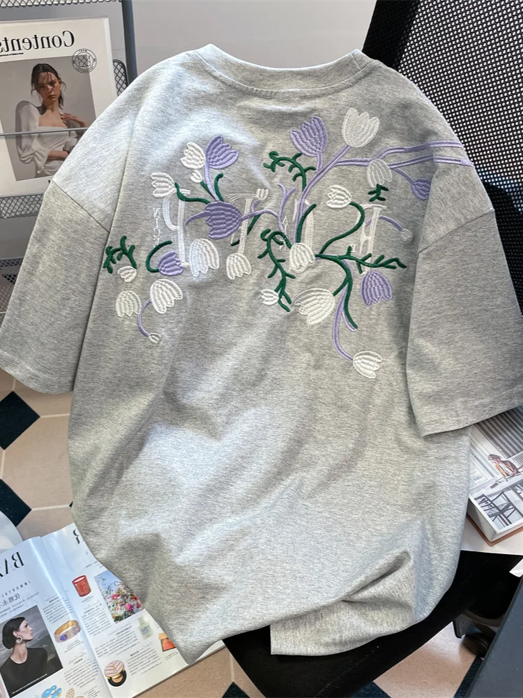 

Hikigawa Chic Fashion Women Cotton Vintage Floral Embroidery T-Shirts Summer Casual All Match Loose Short Sleeve Tops Mujer
