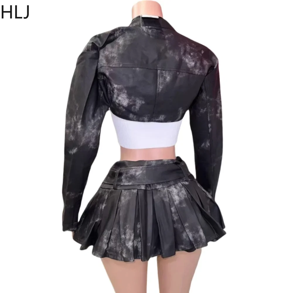 HLJ&GG Balck Fashion Punk Rock Leather Two Piece Sets Women Button Long Sleeve Crop Jacket+Belt Pleated Skirts Outfit Streetwear view 6