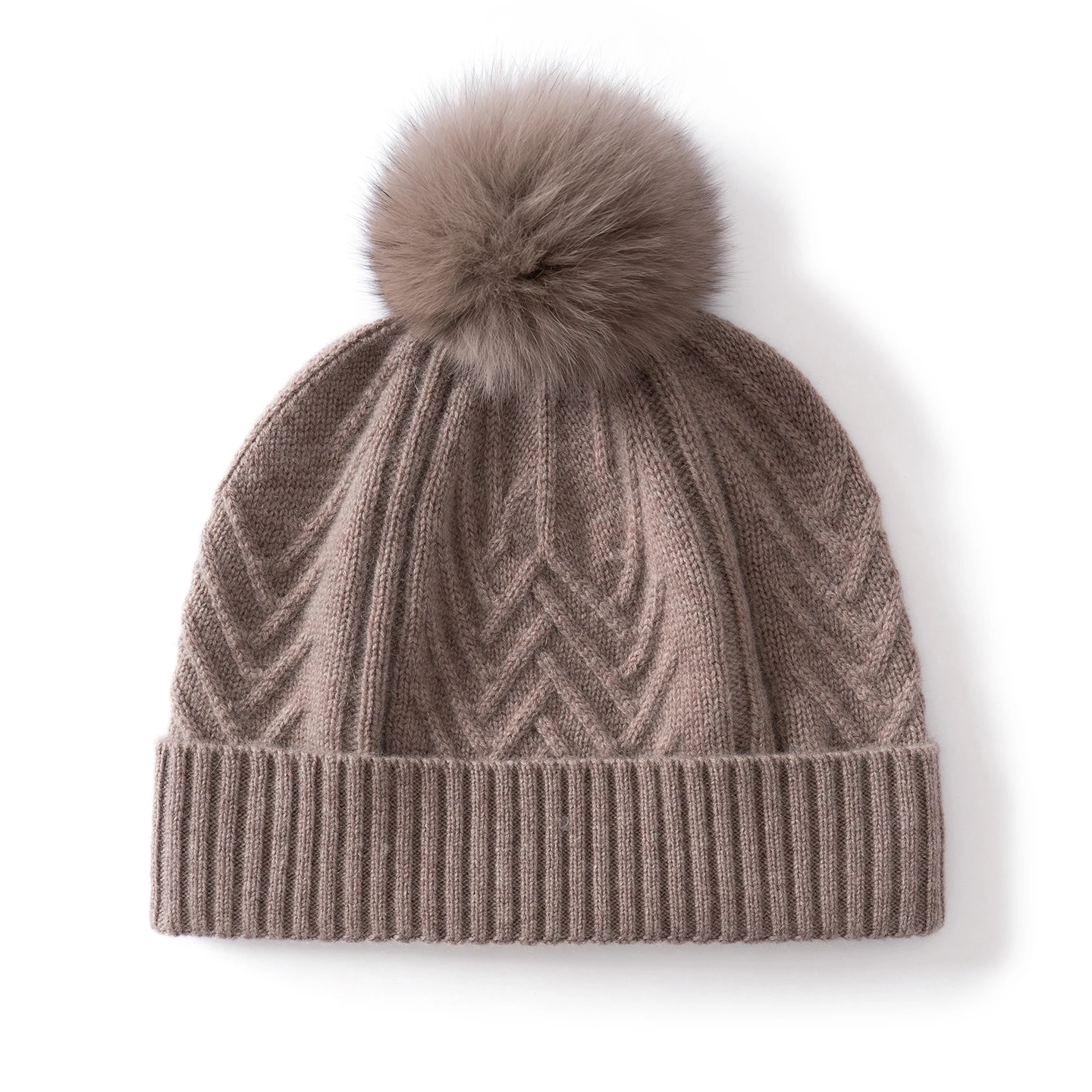 KOIJINSKY 35% Cashmere Knit Beanie Chevron Cable Texture with Fluffy Fur Pom Pom Ribbed Cuff Warm Winter Hat for Women