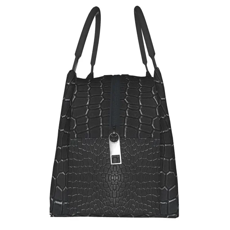 Black Crocodile Skin Leather Thermal Insulated Lunch Bag Alligator Texture Lunch Tote for Office Outdoor Storage Meal Food Box