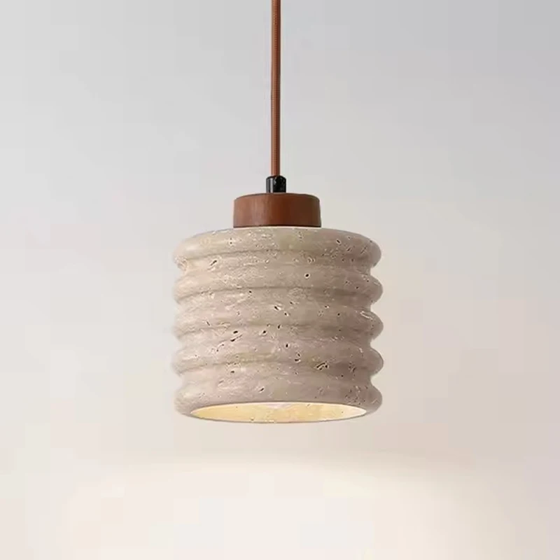 Retro Natural Stone Art Pendant Light Yellow Travertine LED Chandelier Bedroom Bedside Decoration Lighting Fixture Home Decor