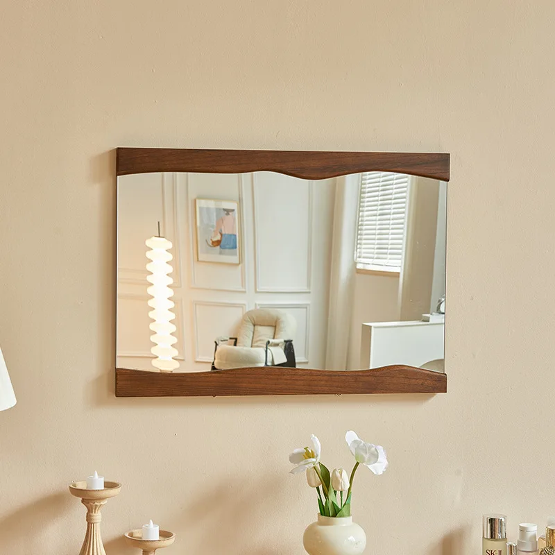 

Solid wood square bathroom mirror wall hanging wall attached bathroom wavy vanity mirror retro lace special-shaped mirror