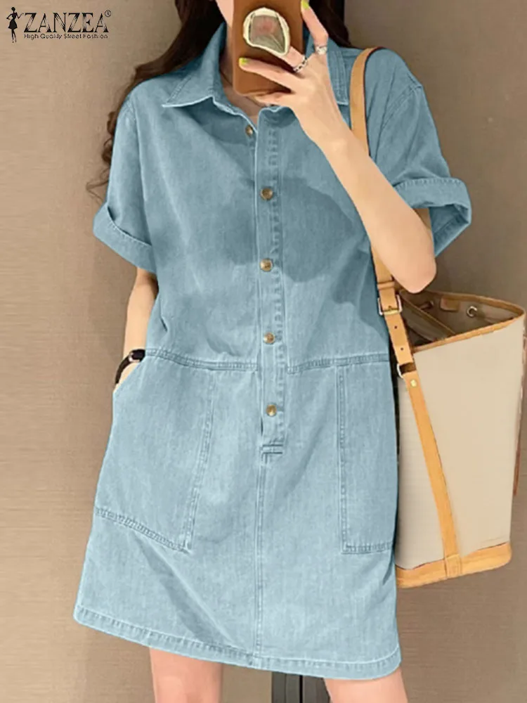 ZANZEA Women Denim Shirt Dress 2024 Summer Short Sleeve Korean Sundress Vintage Turn Down Collar Robes Casual A Line Dresses