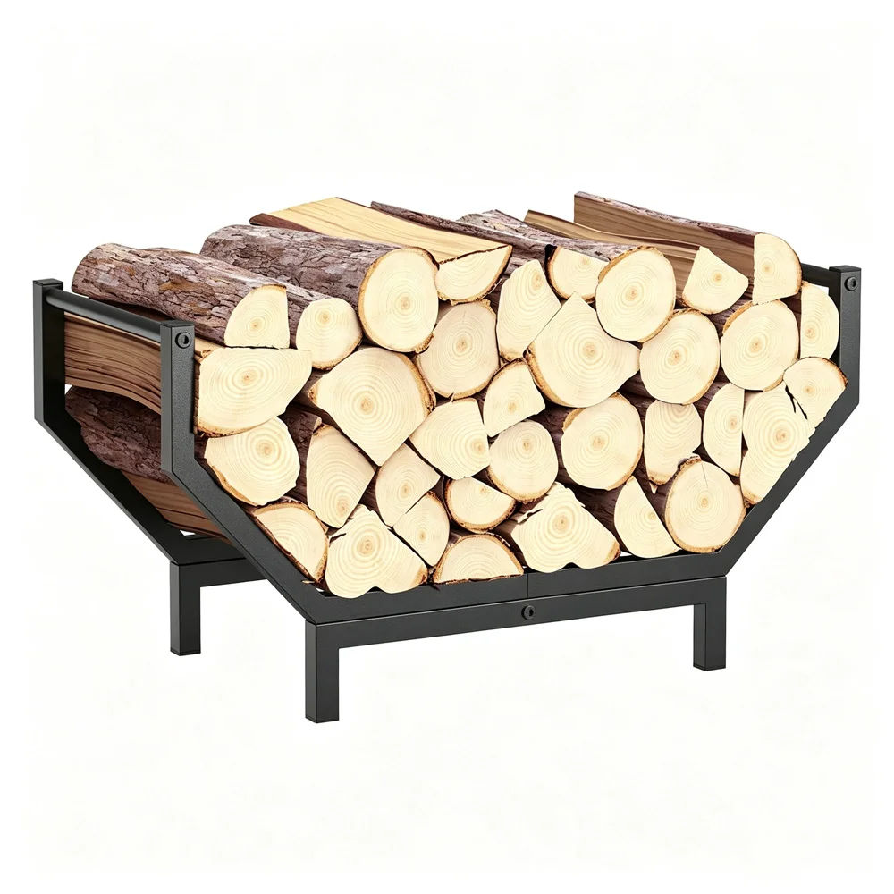 Indoor Outdoor Firewood Storage Rack Black Metal Log Holder Stable Fireplace Wood Stacking Stand For Fire Pit Wood Storage