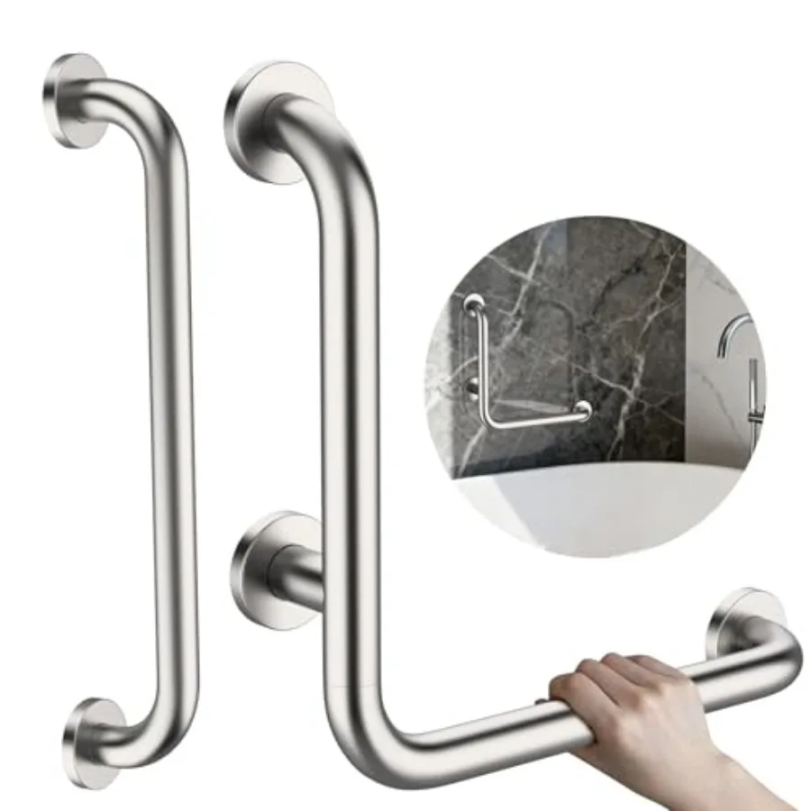

L-Shaped Angled Shower Grab Bar 16 Inch Brushed Nickel Wall Mounted Bathroom Safety Handrail for Elderly Seniors Toilet Bathtub
