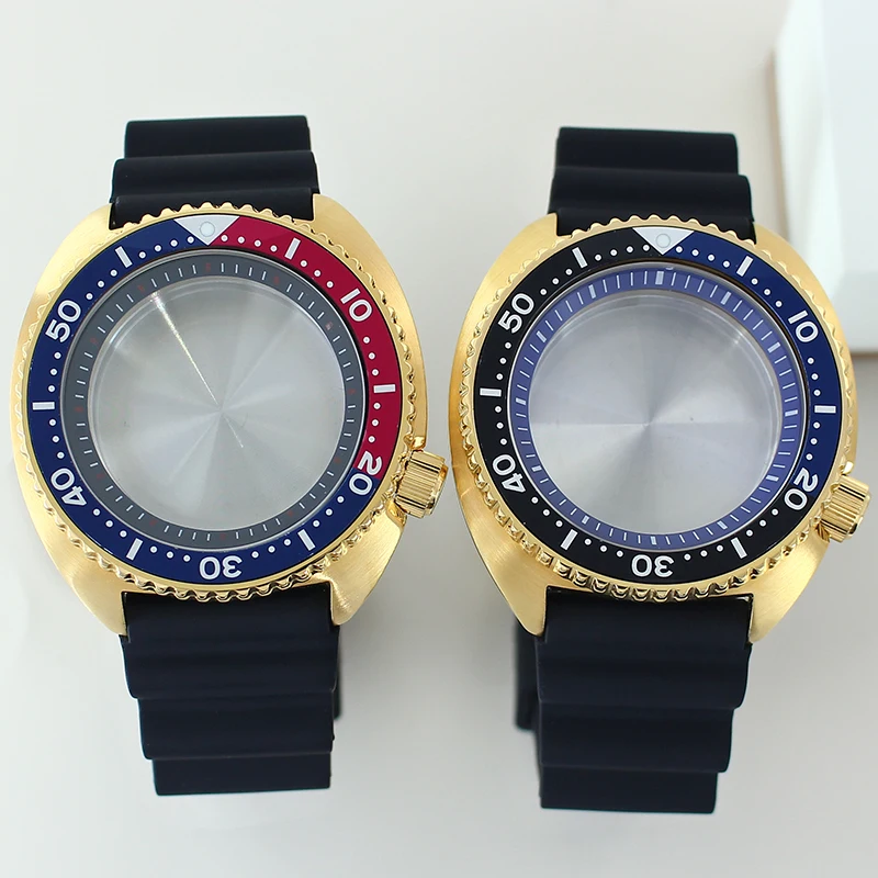 

Gold PVD 45mm Steel Watch Case Rubber Bracelet Sapphire For Mod Turtle Abalone Seiko NH34 NH35 NH36 NH38 28.5mm Dial Watch Parts