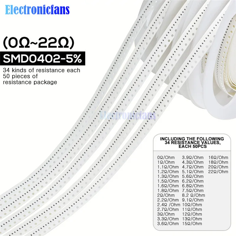 1700PCS/Lot 0402 SMD Resistor 0R -10M Ohm 5% 1/16W 0.25W Chip Resistance Fixed Resistor Assorted Kit 34 Values X 50pcs =1700pcs