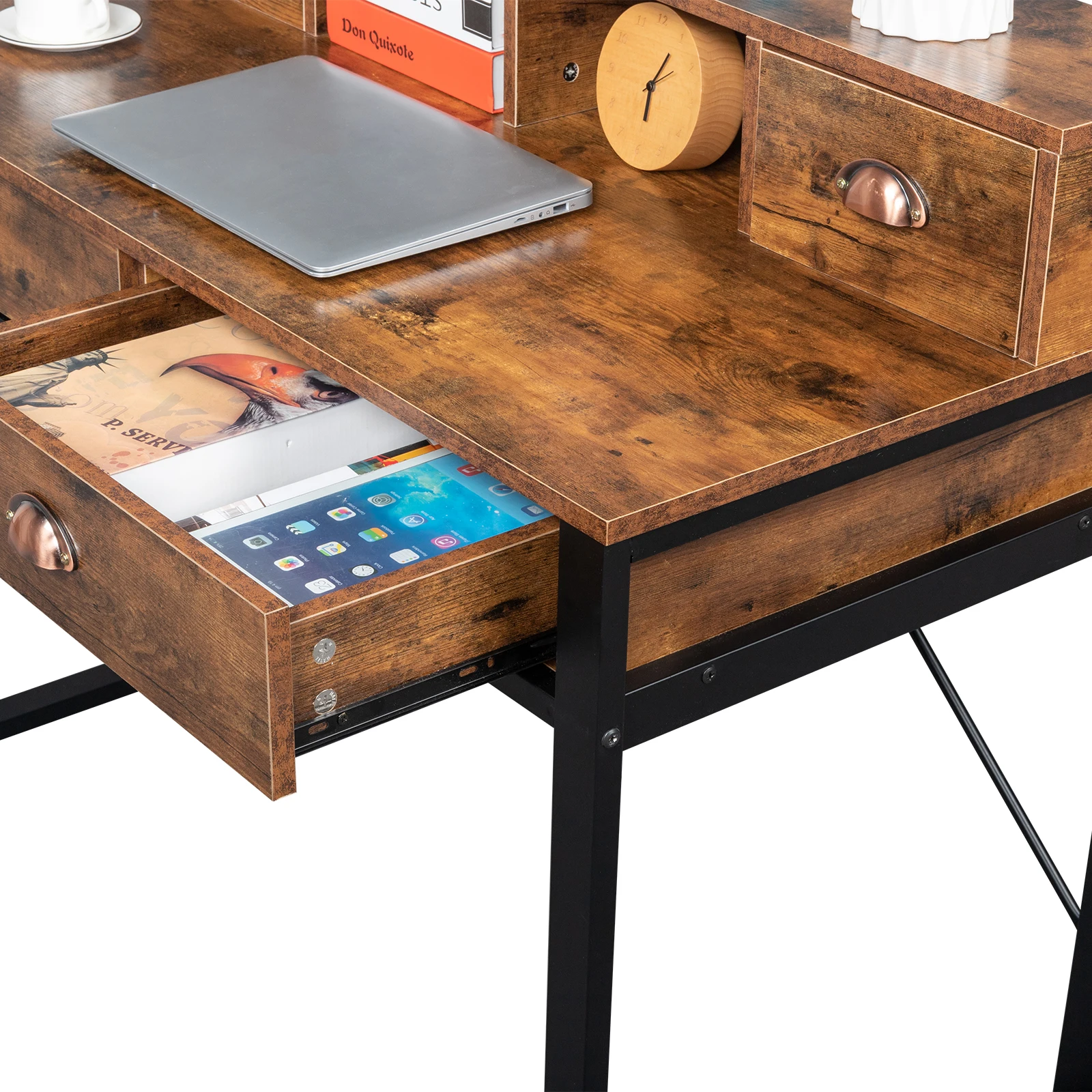 106*54*90cm Old Wood Table Top Black Steel Frame Particle Board Two Small Drawers Two Large Drawers Computer Desk Can Be Used Fo