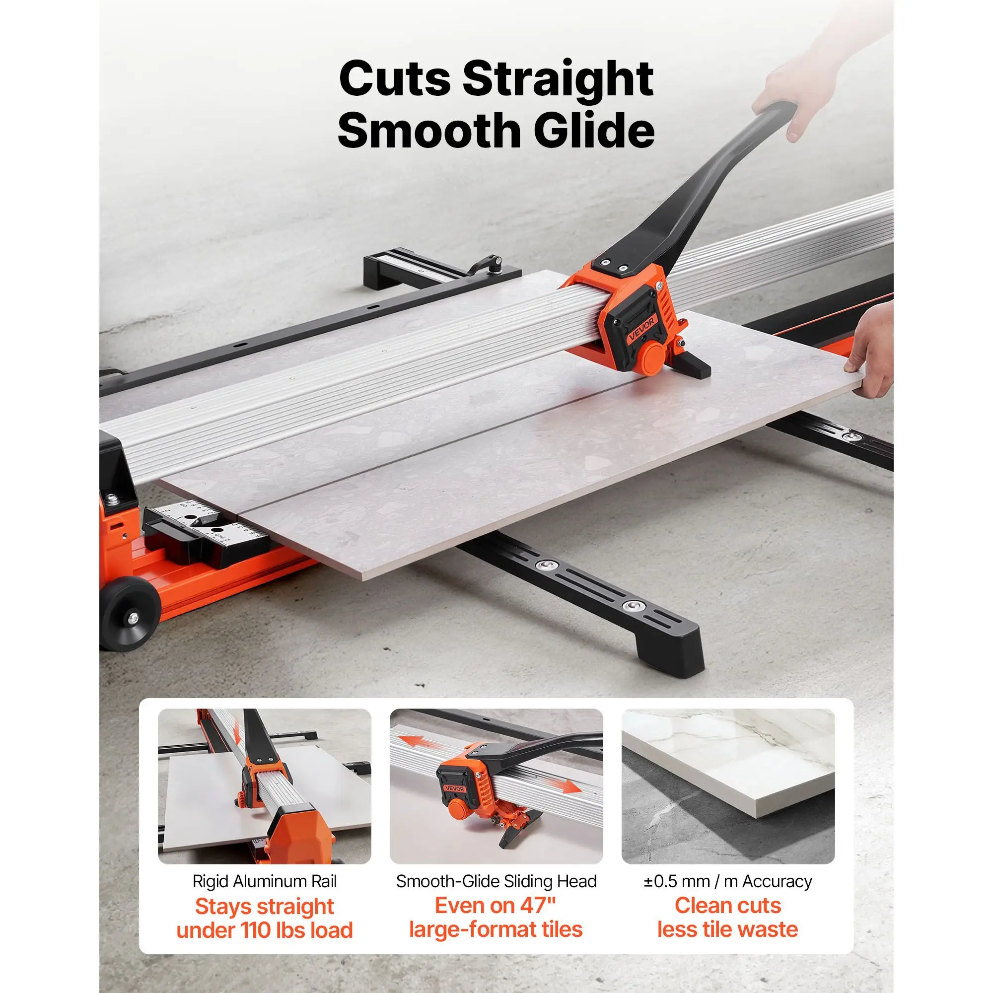 

47.2-Inch Manual Tile Cutter, Upgraded Rail and Sliding Head, Precision Alignment Guide, Tungsten Carbide Cutting Wheel, Support Legs with Swivel Wheels, for DIY Pros, Ceramic, Floor, Wall Tiles