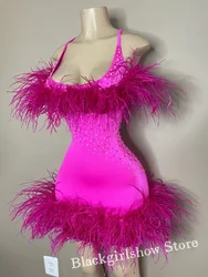 Rose Pink Sexy Short Cocktail Homecoming Dress 2024 For Women Luxurious Feather Strap Beaded Appliqué Birthday Party Dress