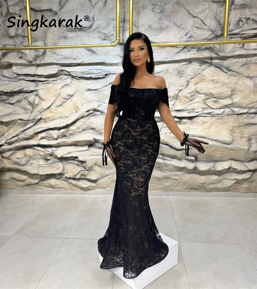 

Luxury Black Lace Mermaid Evening Dress Sweetheart Birthday Gowns With Gloves Simple Prom Party Gown Customized