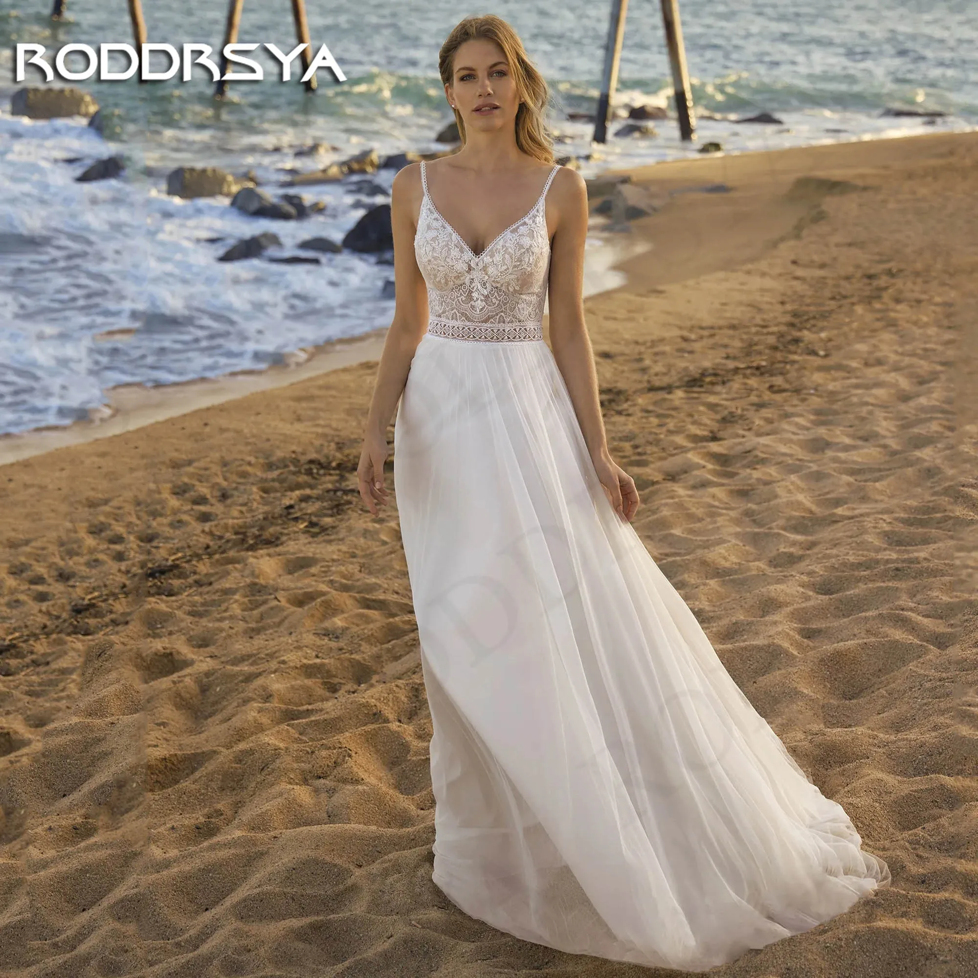 

RODDRSYA Charming Tulle Beach Wedding Dress 2024 Bride Bohemian Lace V Neck A Line Bridal Dresses vestido de novia boda civil