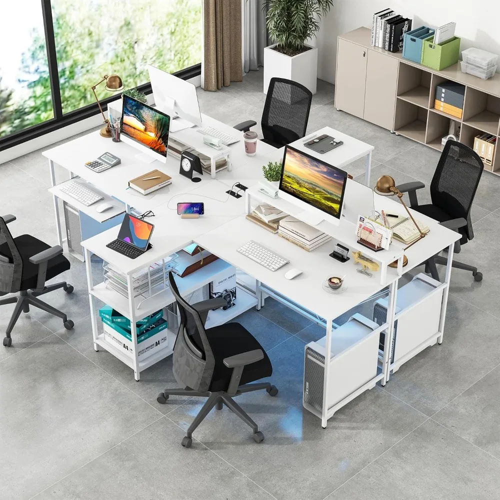 2-Person Reversible Computer Desk with LED Lights, 94.5” Long Office Desk with Power Outlets, Monitor Stand, Keyboard Tray & 2