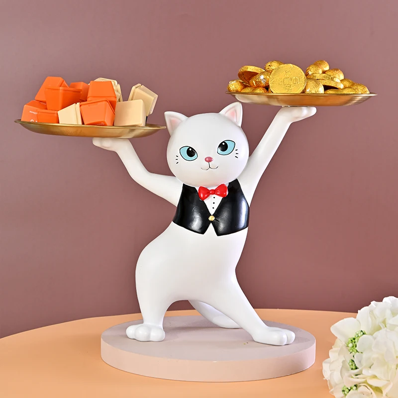 Dance Cat Butler Ornaments for Room Decor Statue Resin Animal Sculpture Cat Figurine with 2 Trays for Key Holder Home Decor