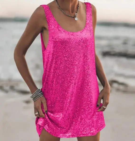 

2026 Summer New Women's Fashion Sexy Glitter U Neck Sleeveless Loose New Tank Top Skirt Glitter Strap Skirt Women's Wear