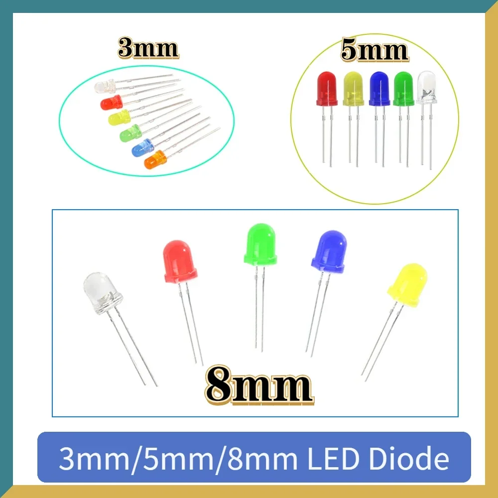 LED-Dioden-Sortiment-Set, 3 mm/5 mm/8 mm, mehrfarbig, hellrot, grün, blau, gelb, orange, weiß, Dioden-Set für Elektronik-Beleuchtung, Heimwerker