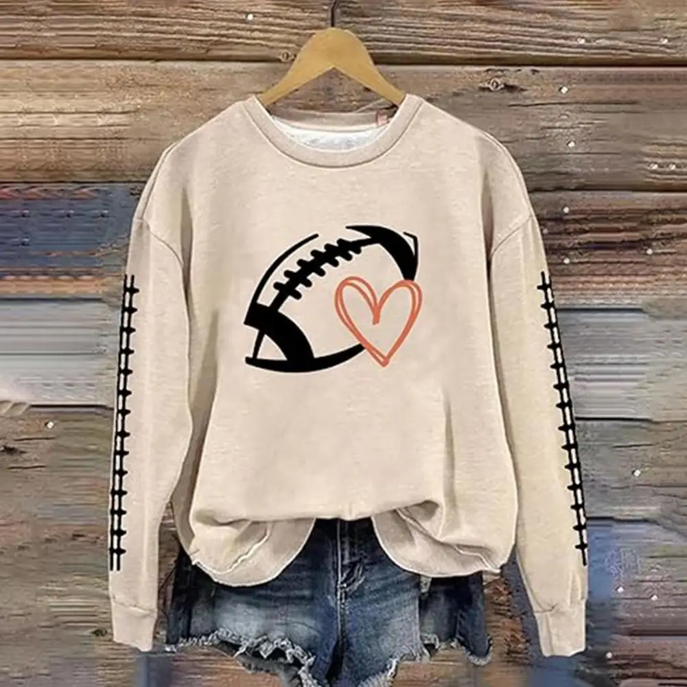 Spring Fall Women Sweatshirt Football Print Round Neck Elastic Cuffs Sweatshirt Loose Pullover School Commute Sweatshirt