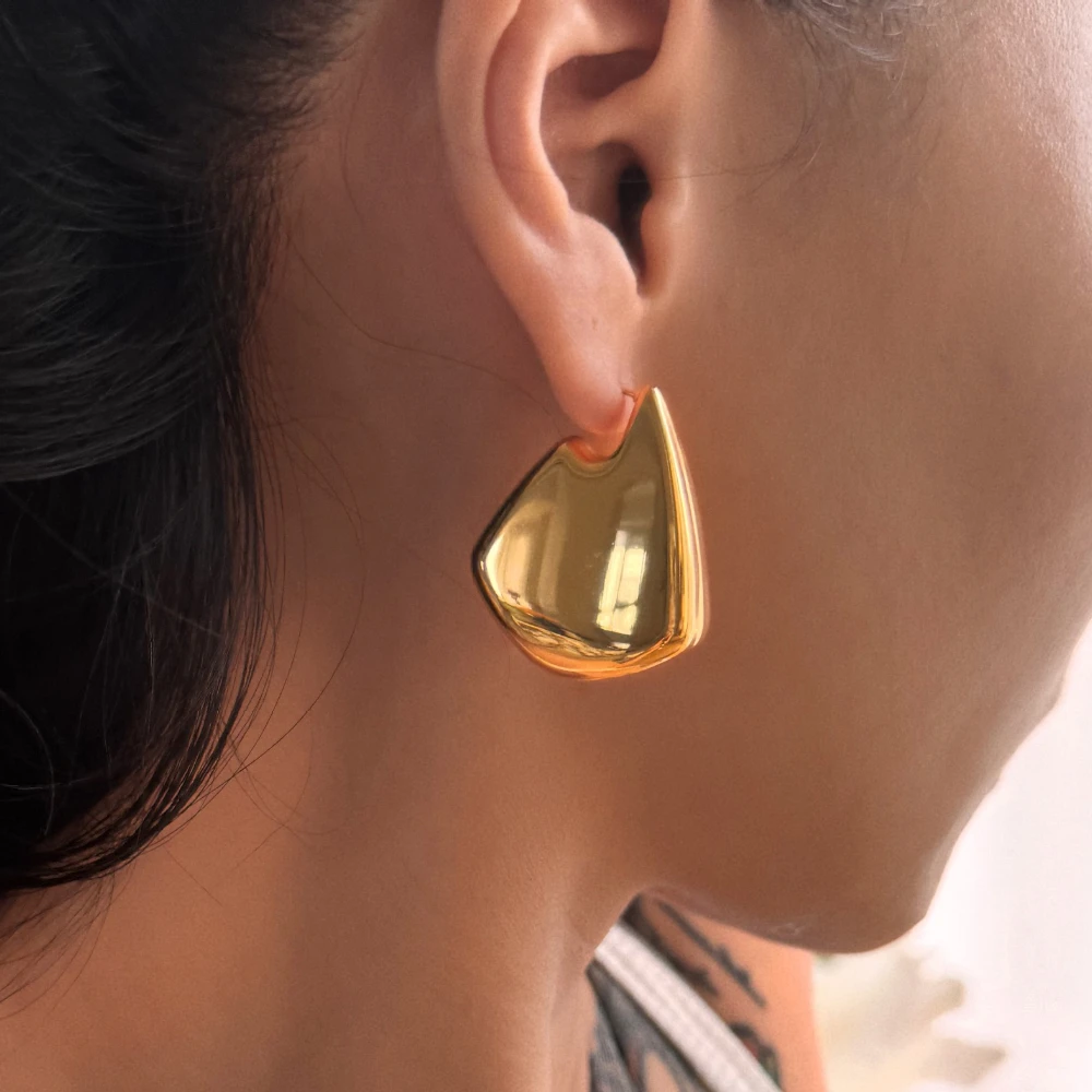 Vintage Smooth Stainless Steel Gold Plated Chunky Hoop Earrings for Women Geometric Thick Statement Drop Earring Party Jewelry