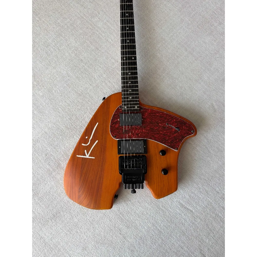 Custom Natural Wood Grain Headless Electric Guitar, Solid Wood Body, Unique Irregular Shape, Tremolo System, HH Pickups