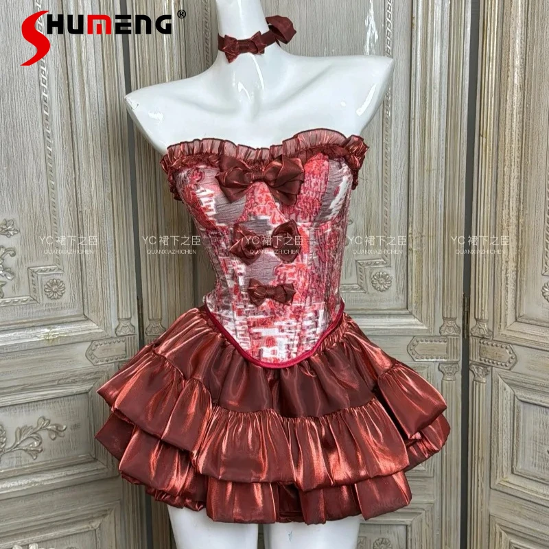 

2025 New Summer Red Princess Style Tail Suit Skirts Banquet Party Puff Clothes Soft Girl Y2k Fishbone Top Half Skirt 7-Piece Set