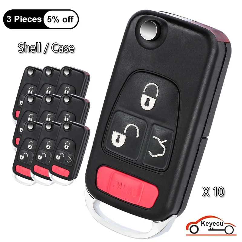 KEYECU 4 Buttons Case for Mercedes-Benz SL500 S420 S320 CL600 Auto Flip Remote Control Key Shell Fob Cover + HU39 Blade, Pack 10