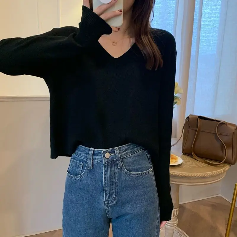 

Pullovers Women Korean Style Sweaters All-match Vintage BF Clothing V-Neck Cropped College Knitted Female Solid Teens Spring Ins