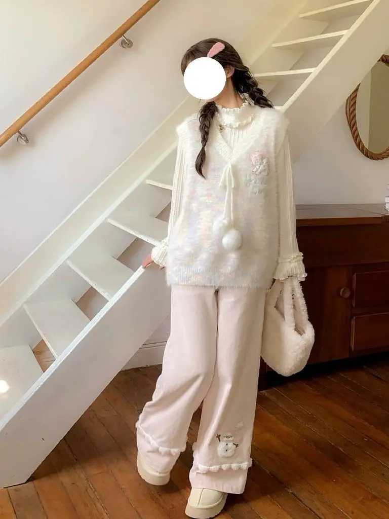 Japanese Kawaii Pants Women Cartoon Snowman Pattern Casual Trousers Sweet Aesthetic Subculture Autumn Sweat Pants Christmas