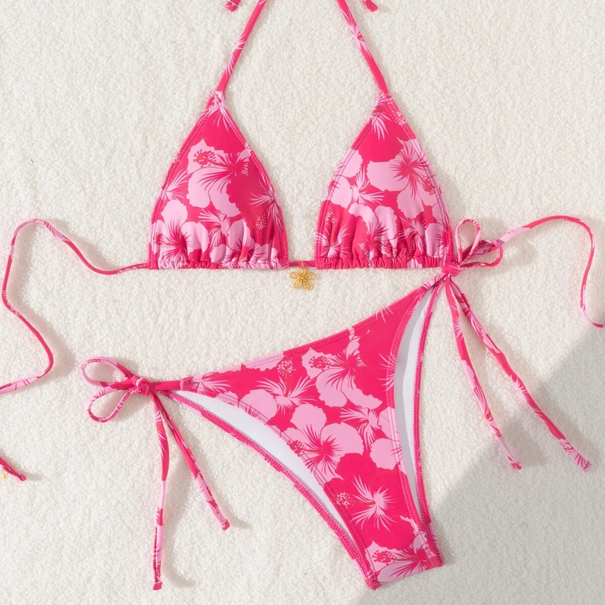 Tie Up Bikini Sexy Metal Flower Pendant Printed Split Swimsuit Set For Women