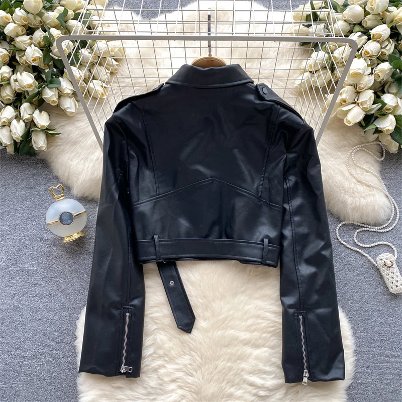 Korean Women Short Faux PU Leather Coat With Belt Spring Autumn Slim Lapel Long Sleeve Female Motorcycle Biker Jacket Streetwear