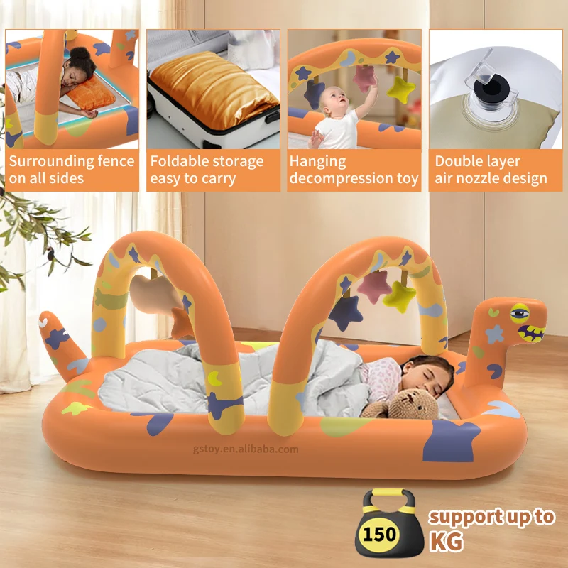 STLF New Design Dinosaur Children's PVC Flocked Sleepover Bed Kids Air Mattress Inflatable Toddler Bed With Crib Pendant