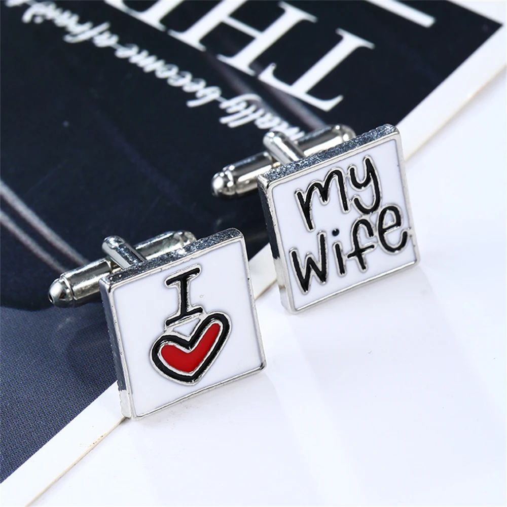 Manschettenknöpfe „I Love My Wife“, Hochzeitsdesign, Manschettenknöpfe für Herren, französische Emaille-Hemdknöpfe, romantische Statement-Manschettenknöpfe für den Bräutigam