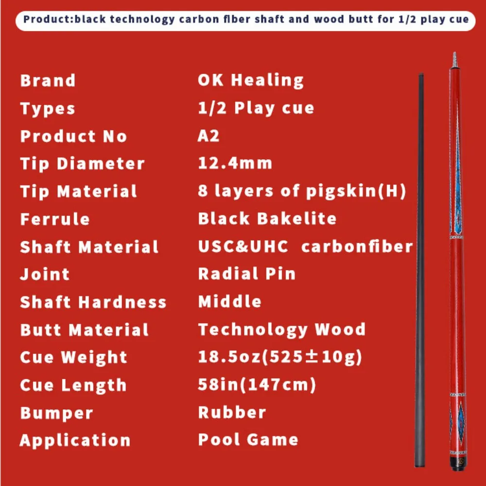 Black Technology Carbon Fiber Billiard Pool Cue Shaft Tip OD 12.4 MM Technology Wood 1/2 Center Jointed Split Play Cue