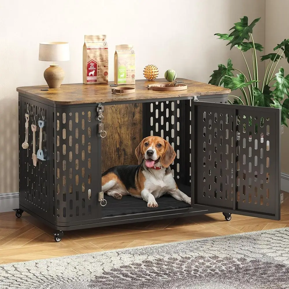 

Прочная комнатная клетка для средних собак с колесами, верхней крышкой, подушкой и защитой от разгрызания для животных с высокой степенью тревожности