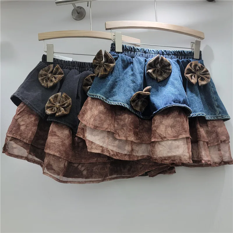 

Elegant Denim Patchwork Tie-Dye Ruffle Short Skirt with Three-Dimensional Flower Decoration Slimming Versatile