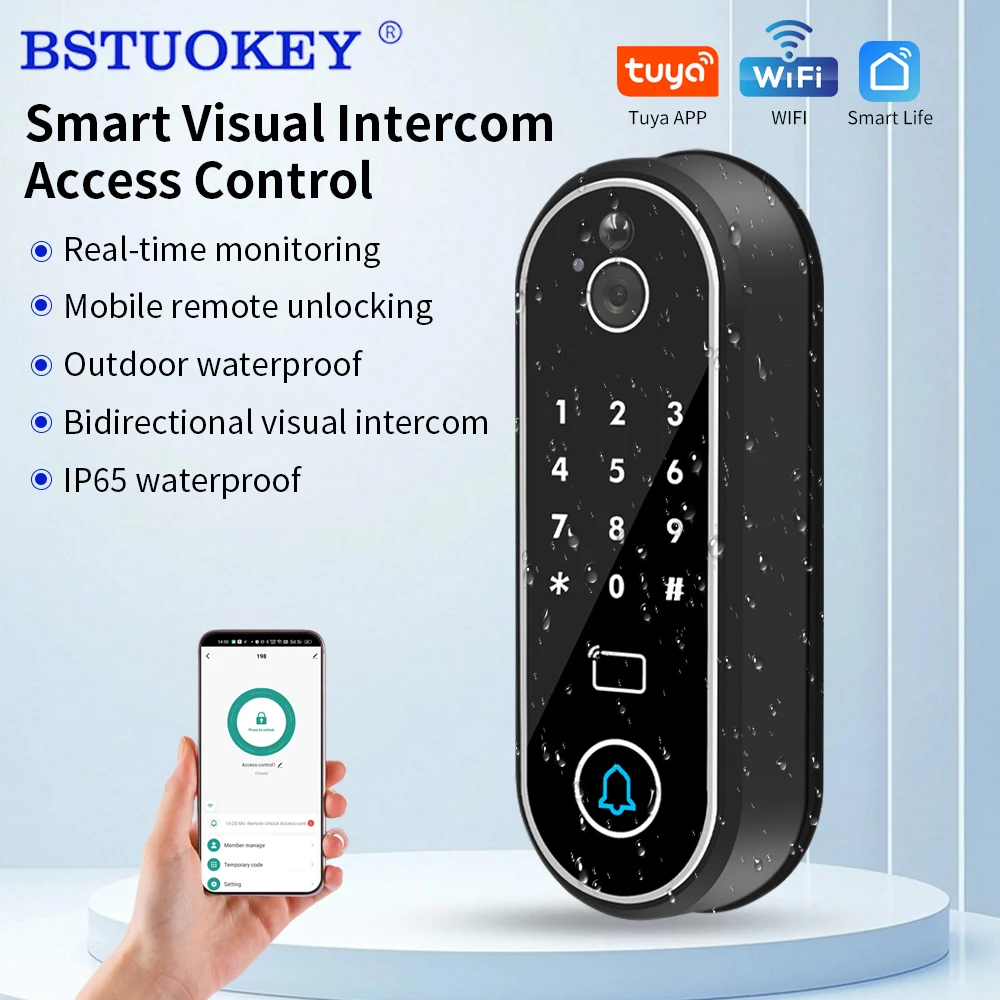 Smart Tuya APP Remote Visual Intercom IP65 Waterproof Access Control with HD Monitoring 125KHz 13.56MHz RFID Card NFC TF Card