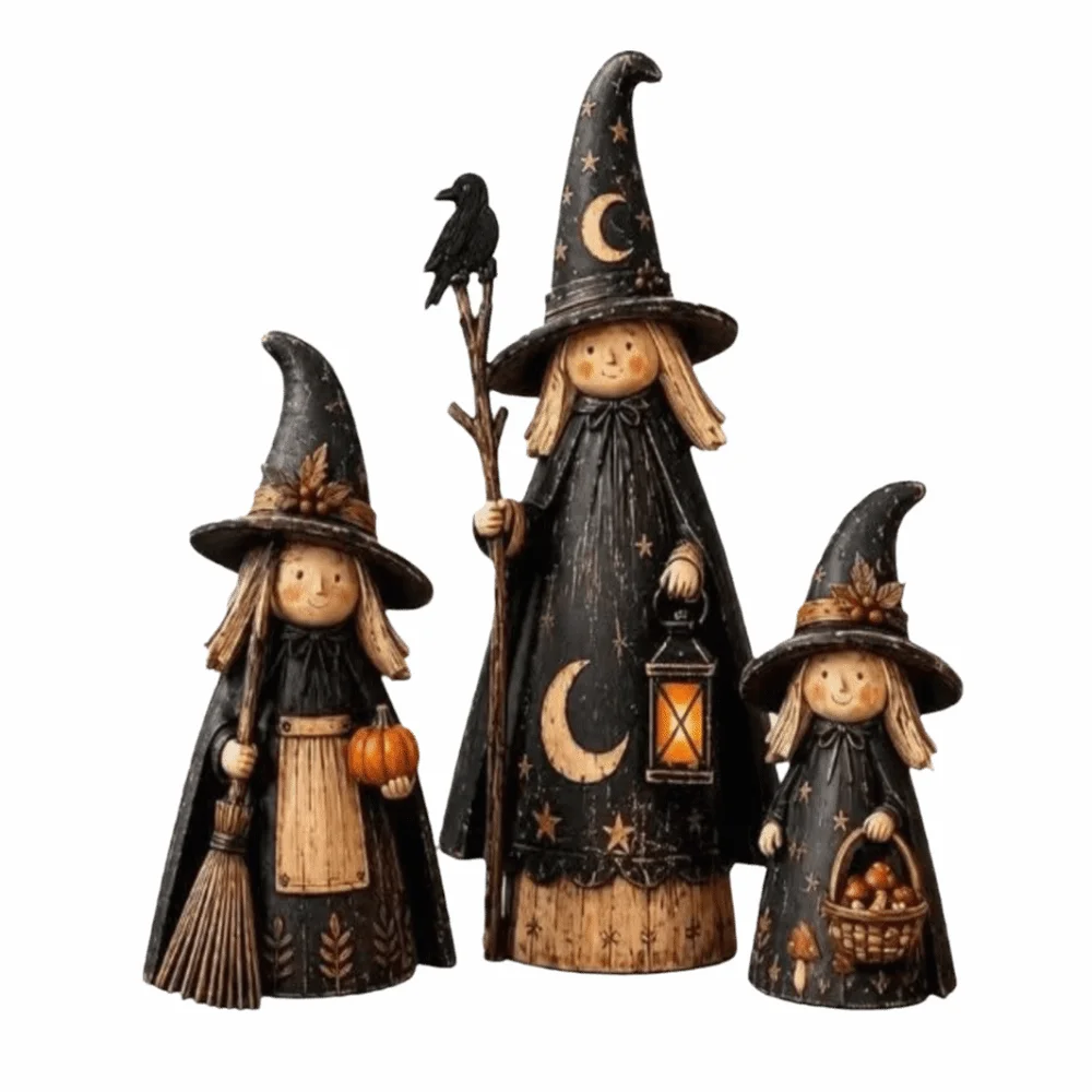 3pcs Wooden Halloween Decoration Set 2D Flat Double-sided Printing Halloween Witch Ornaments Dark Style Harvest Figurines