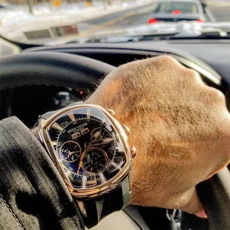 Reef Tiger Relógio Mecânico Automático de Luxo para Homens Tourbillon Calendário Semana Relógio de Pulso Automático Multifuncional À Prova D 'Água