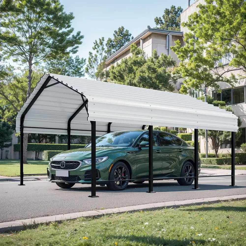 

Большой металлический навес-гараж 12x15 футов с прочным основанием, уличный оцинкованный навес для автомобилей, лодок и тракторов, белый