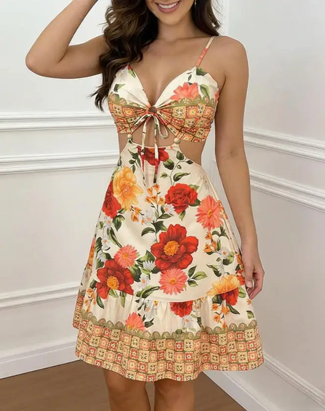

Women's Dress Summer New Fashionable Sexy Beach Vacation Style Flower Print V-Neck Hollow Out Design Backless Suspender Dress