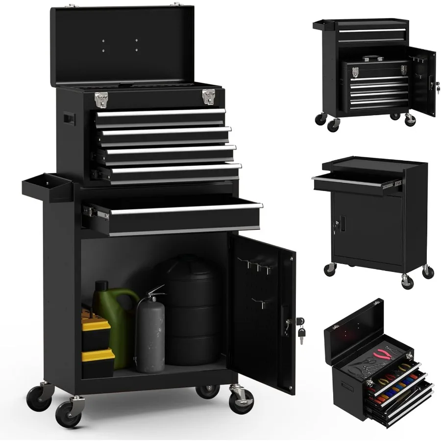 5-Drawer High Capacity Rolling Tool Box, Removable Cabinet Storage Tool Chest with Wheels and Drawers, Detachable Toolbox with
