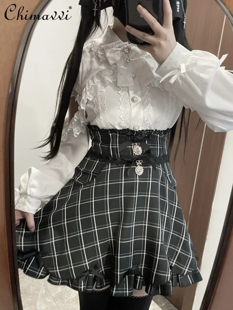 

Japanese Mine Mass- Produced High-waisted Sweet Rhinestone Bow Black Plaid Skirt Girls Women's Autumn Lolita Short A-line Skirts