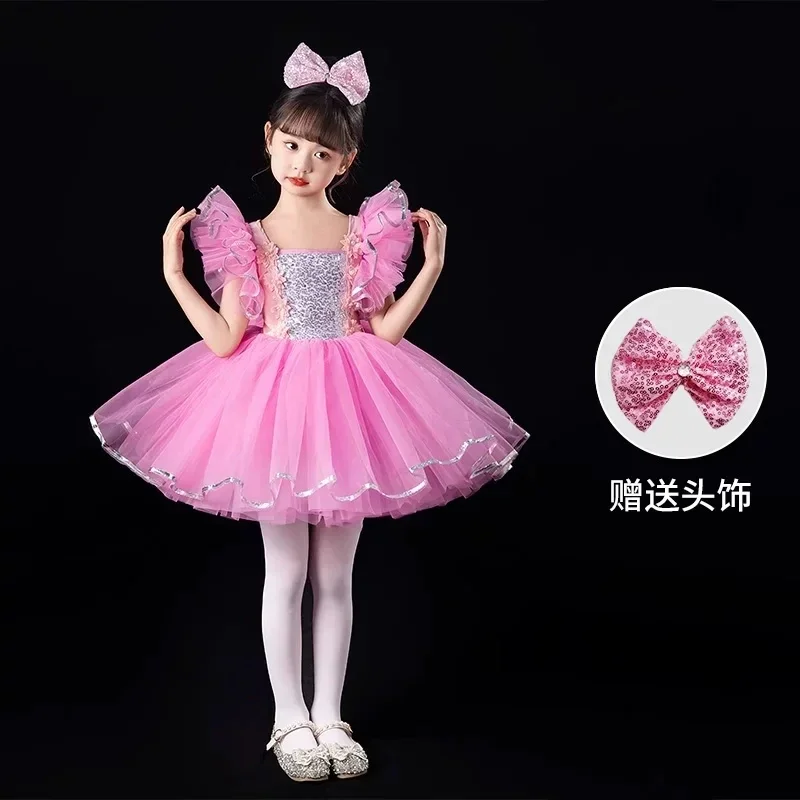 Novo Vestido Tutu com Lantejoulas para Meninas 2026, Vestido de Princesa Infantil com Faixa de Cabelo com Laço, Fantasia para Apresentação em Palco, F