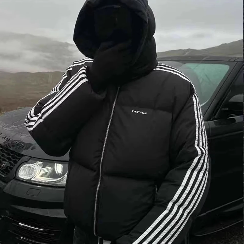 Unisex Y2K Streetwear Balaclava Hood Puffer Jacket Striped Sleeve Loose Oversized Winter Warm Padded Cotton Outerwear Coat