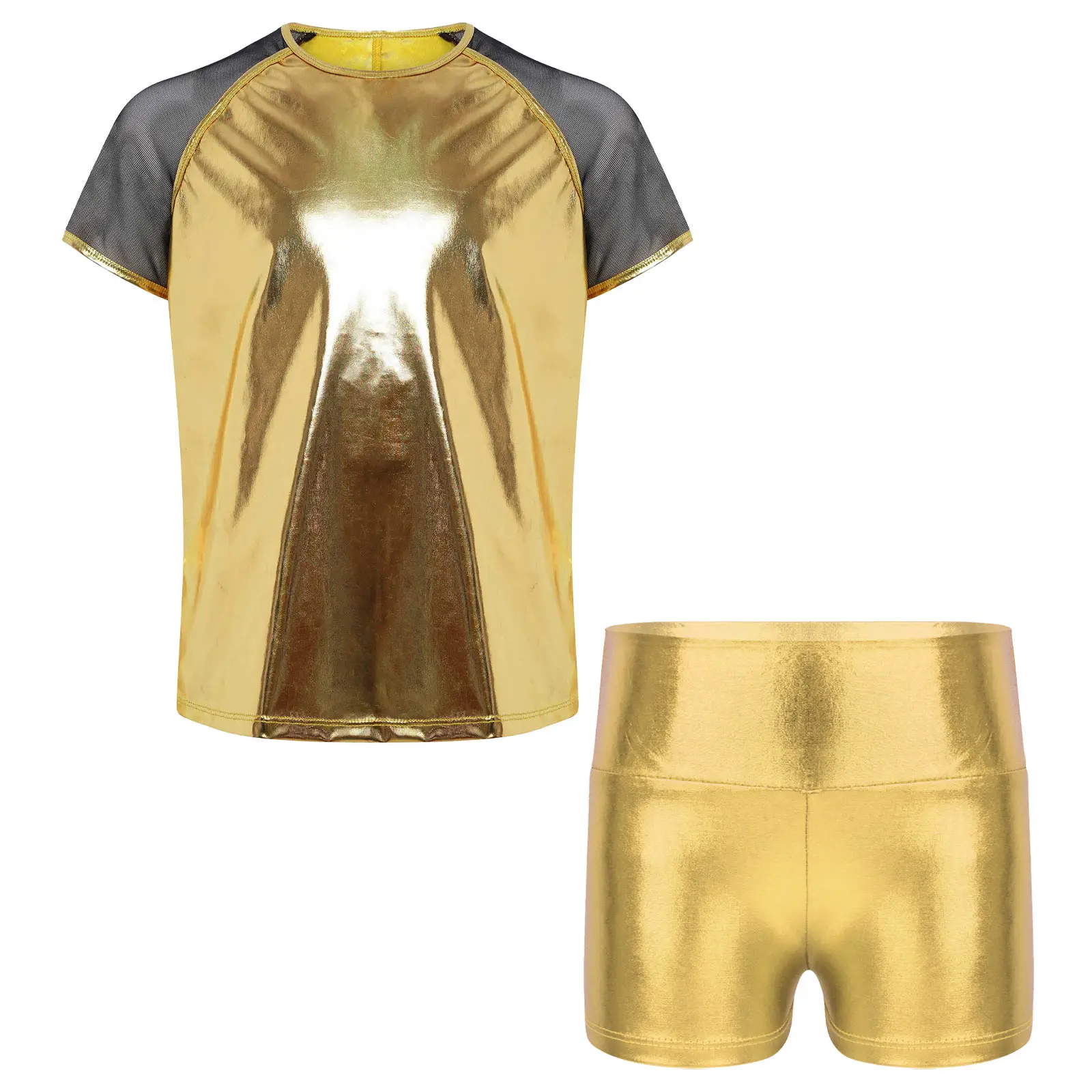 

Short Sleeves Hip-Hop Jazz Dance Outfit for Kids Boys Girls Sheer Mesh Metallic T-shirt Blouse with High Waist Shiny Shorts Sets