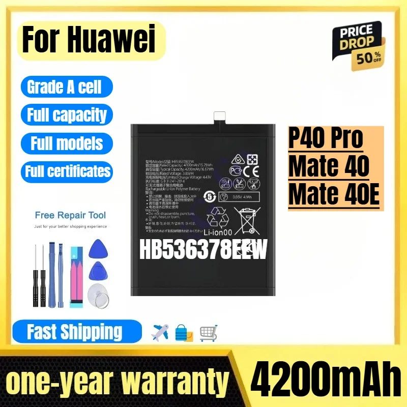 HB536378EEW for Huawei P40 Pro/Mate 40/Mate 40E Phone Battery 0 Cycle High Quality High Capacity Replacement Bateria with Tools
