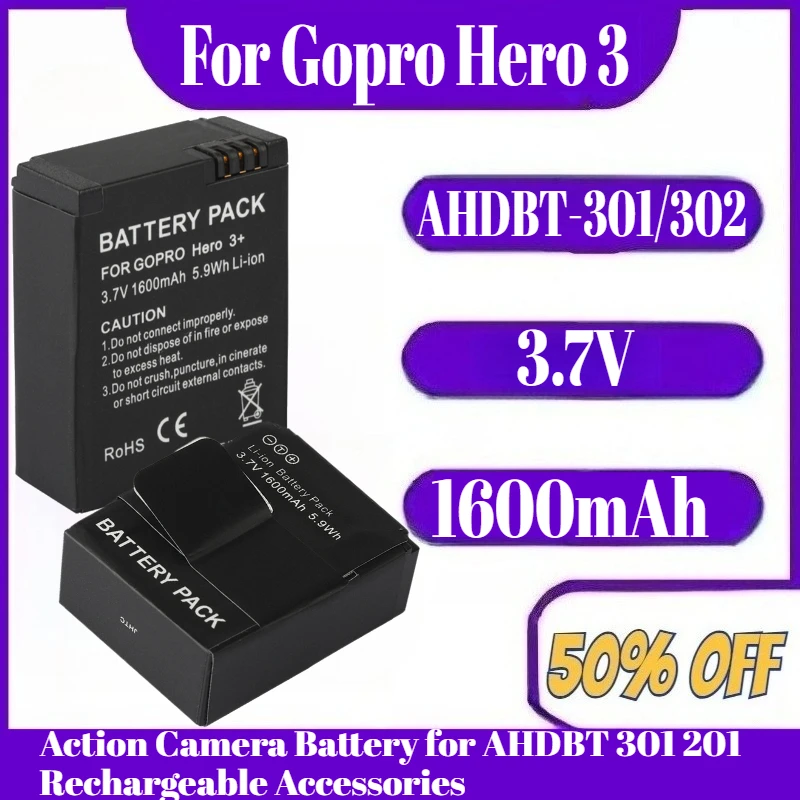 

3.7V 1600mAh AHDBT-301/302 Battery for Gopro Hero 3 3+ Action Camera Battery for AHDBT 301 201 Rechargeable Accessories