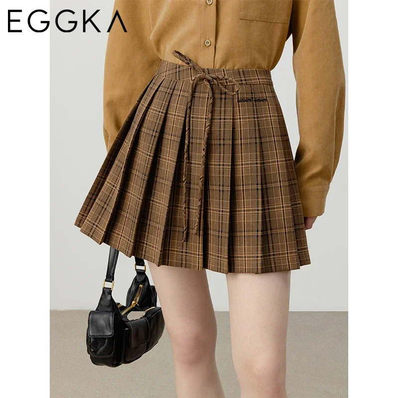 EGGKA American Retro Mini Skirts Brown Plaid Pleated Skirt for Women High Waist A-line Skirts Embroidery Short Skirt 2024 Autumn