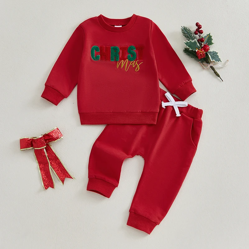 2024-08-24 Lioraitiin Toddler Boys Girls Christmas Sets Letter Santa Embroidered Long Sleeve Sweatshirt Long Pants Outfits